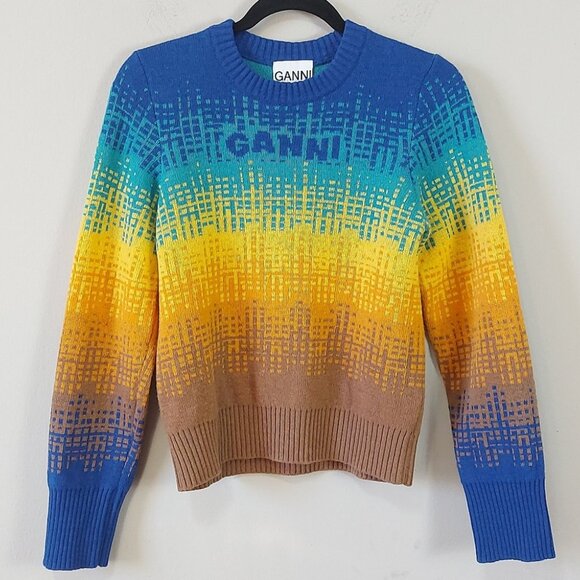 Ganni Multicolor Gradient Sweater Wool Blend Women Medium Graphic Logo Fall Knit - Picture 2 of 9
